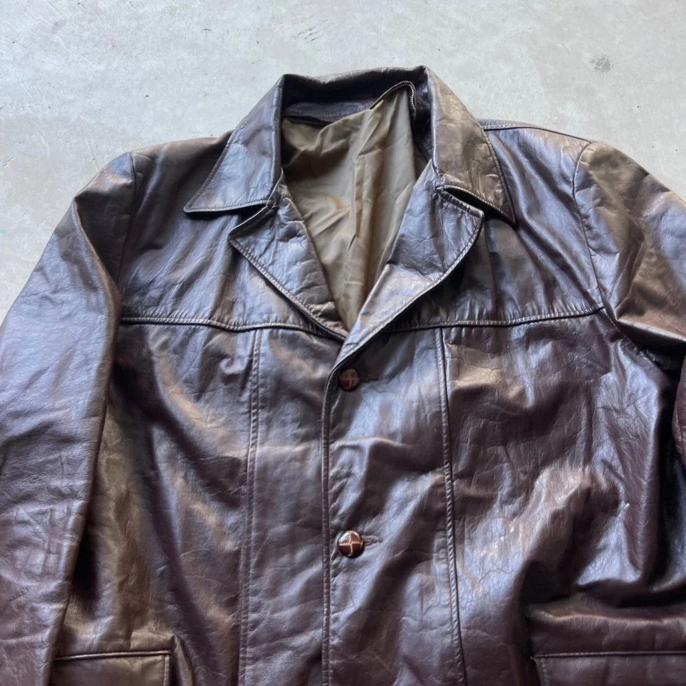 Vintage Dark Brown Leather Car Coat Mens Mid Length Button Front Jacket 25x31